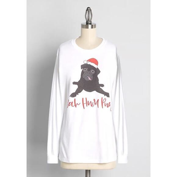 Size XL ModCloth pug dog Holiday Christmas Long Sleeve Thick Sweatshirt T Shirt - Picture 2 of 3